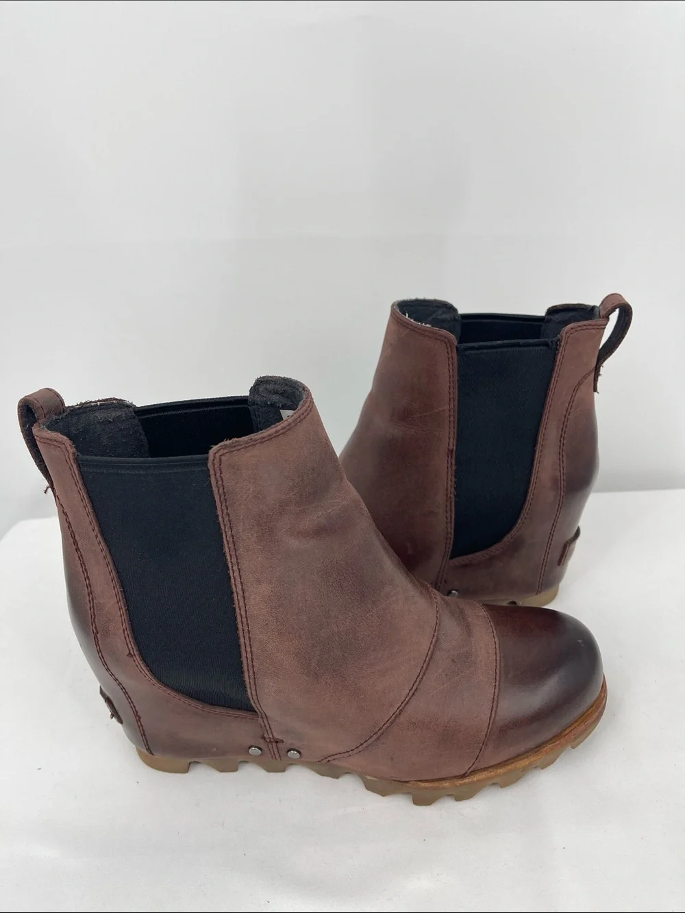 Sorel LEA JOAN Brown Leather HIDDEN Wedge Ankle Boots WOMENS SIZE 6
